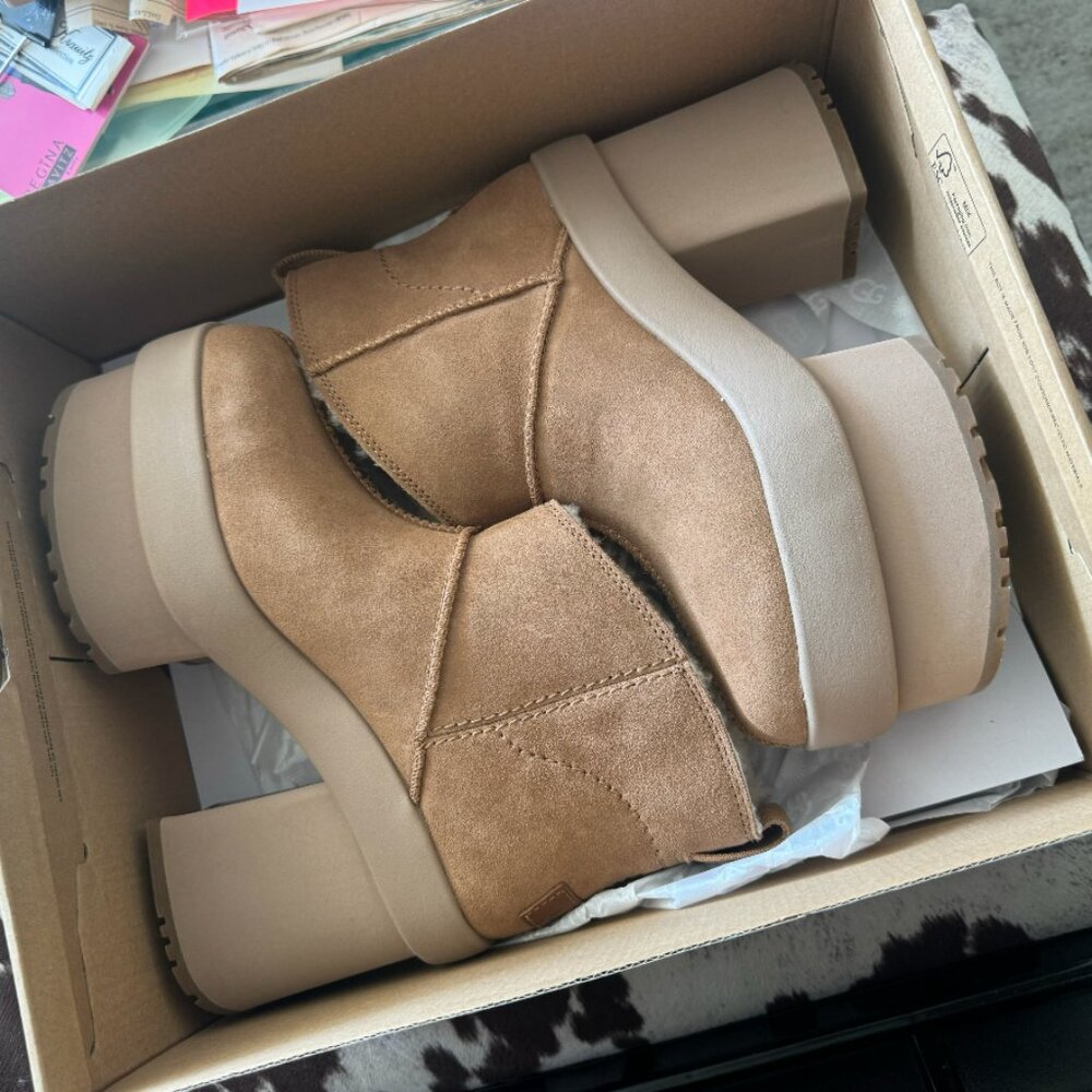 UGG Neumel Platform Mini Boots – Chestnut Suede, Size 7.5 Brand new in box UGG N